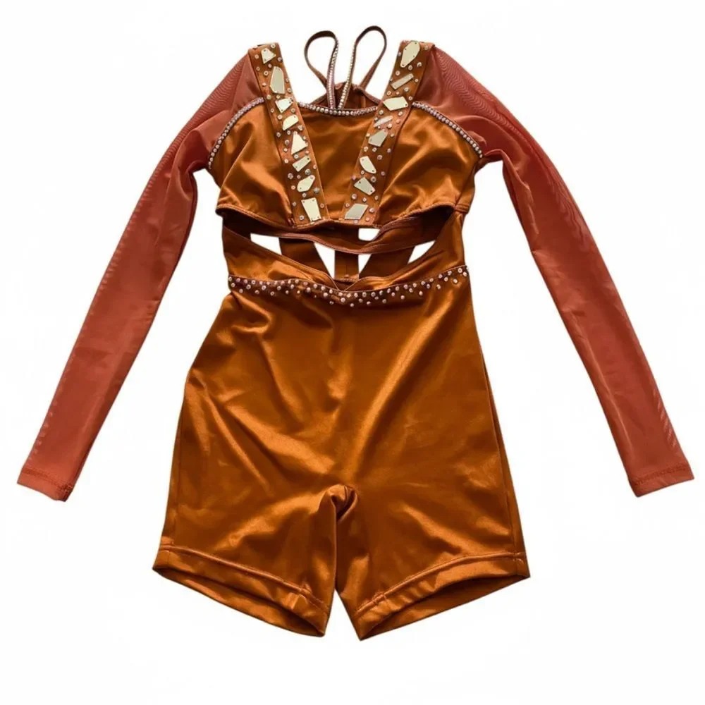 Weissman solo custom rhinestone dance costume orange Baba O'Riley 15845 MC child - Picture 3 of 15